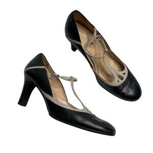Ann Taylor LOFT  Vintage Black Leather T-Strap 90s kitten heel 6 M